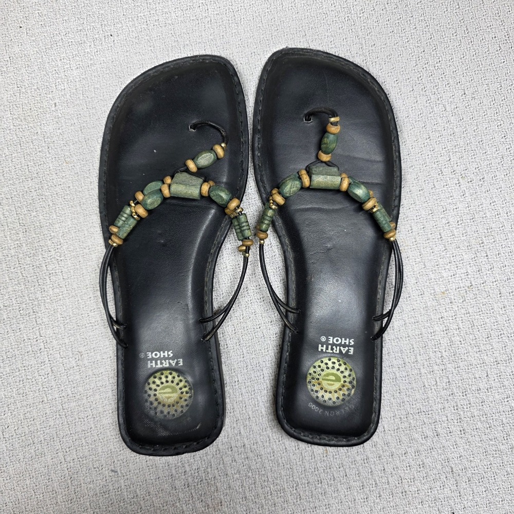 Earth Shoe Flip Flop Thong Sandal Gelron 2000 Wood Beads Black Leather Size 7